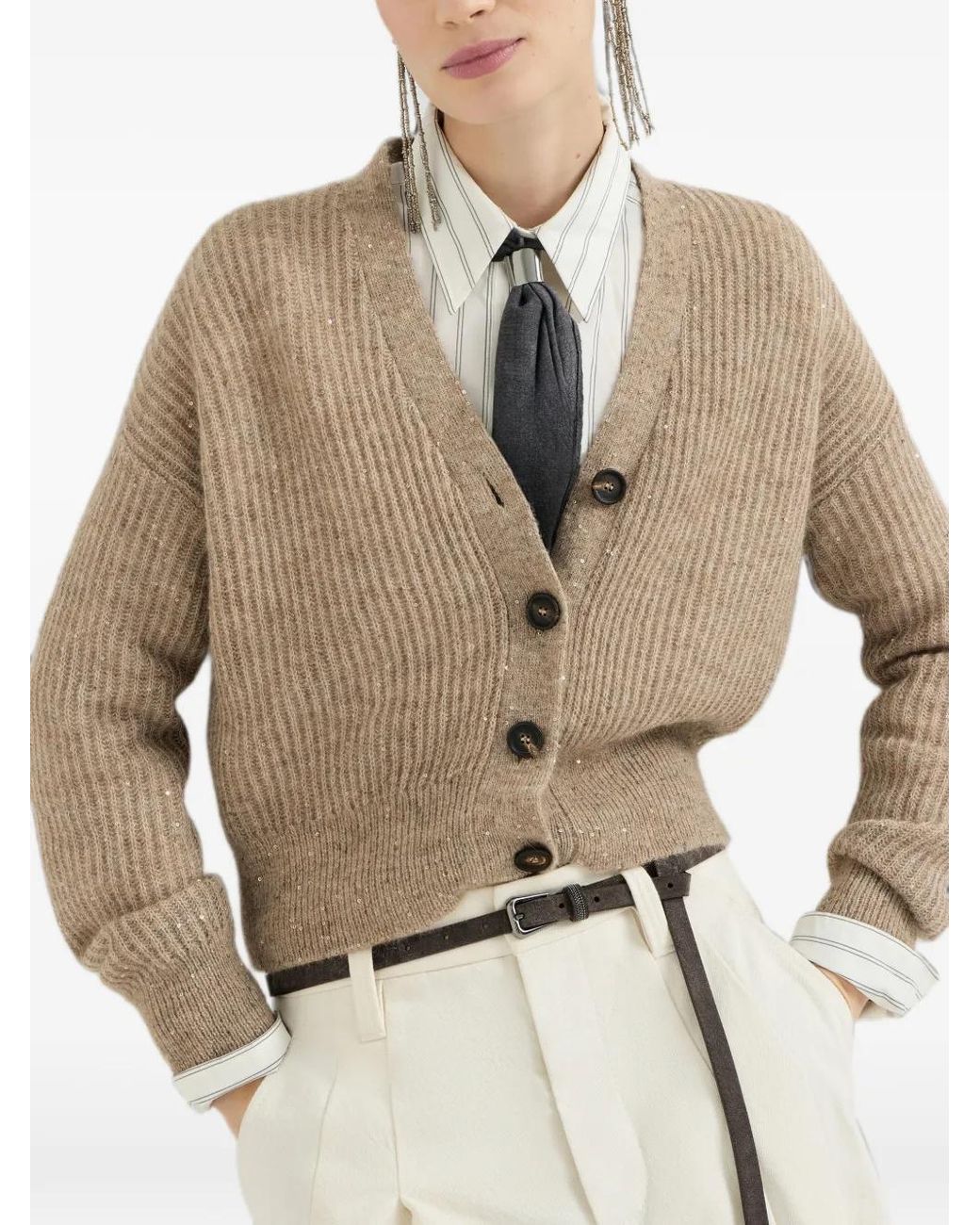Brunello Cucinelli Natural Mohair, Cotton And Wool Diamond Yarn English Rib Cardigan