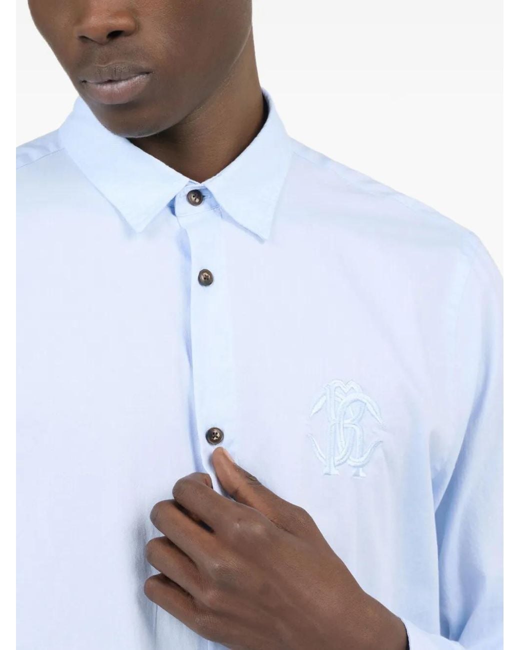 Roberto Cavalli Blue Monogram-Embroidered Shirt for men