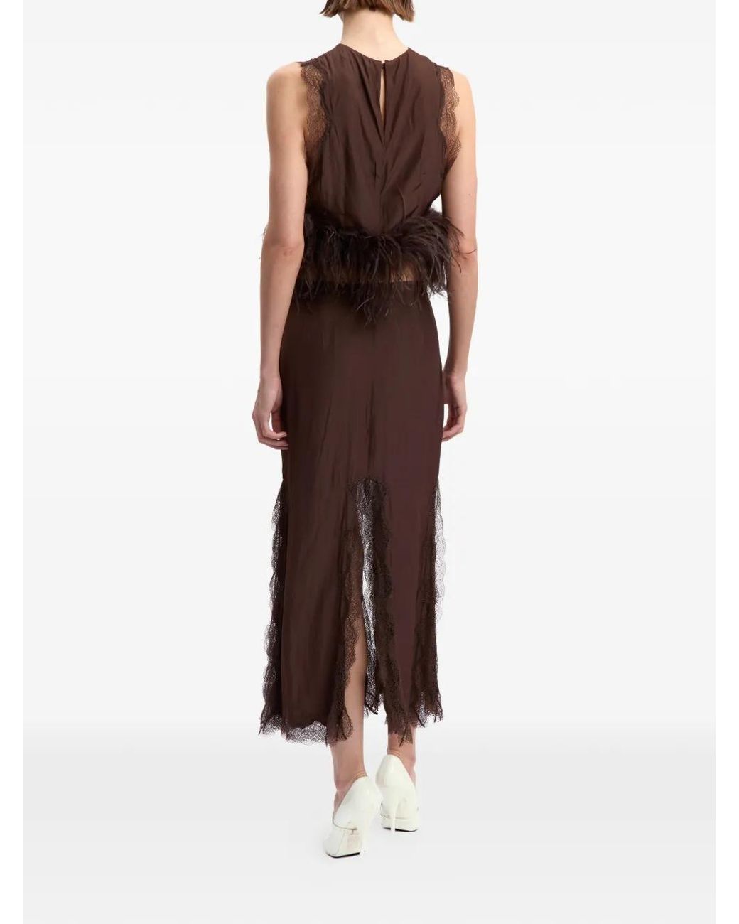 16Arlington Brown Dickens Feather-Trim Lace-Detail Top