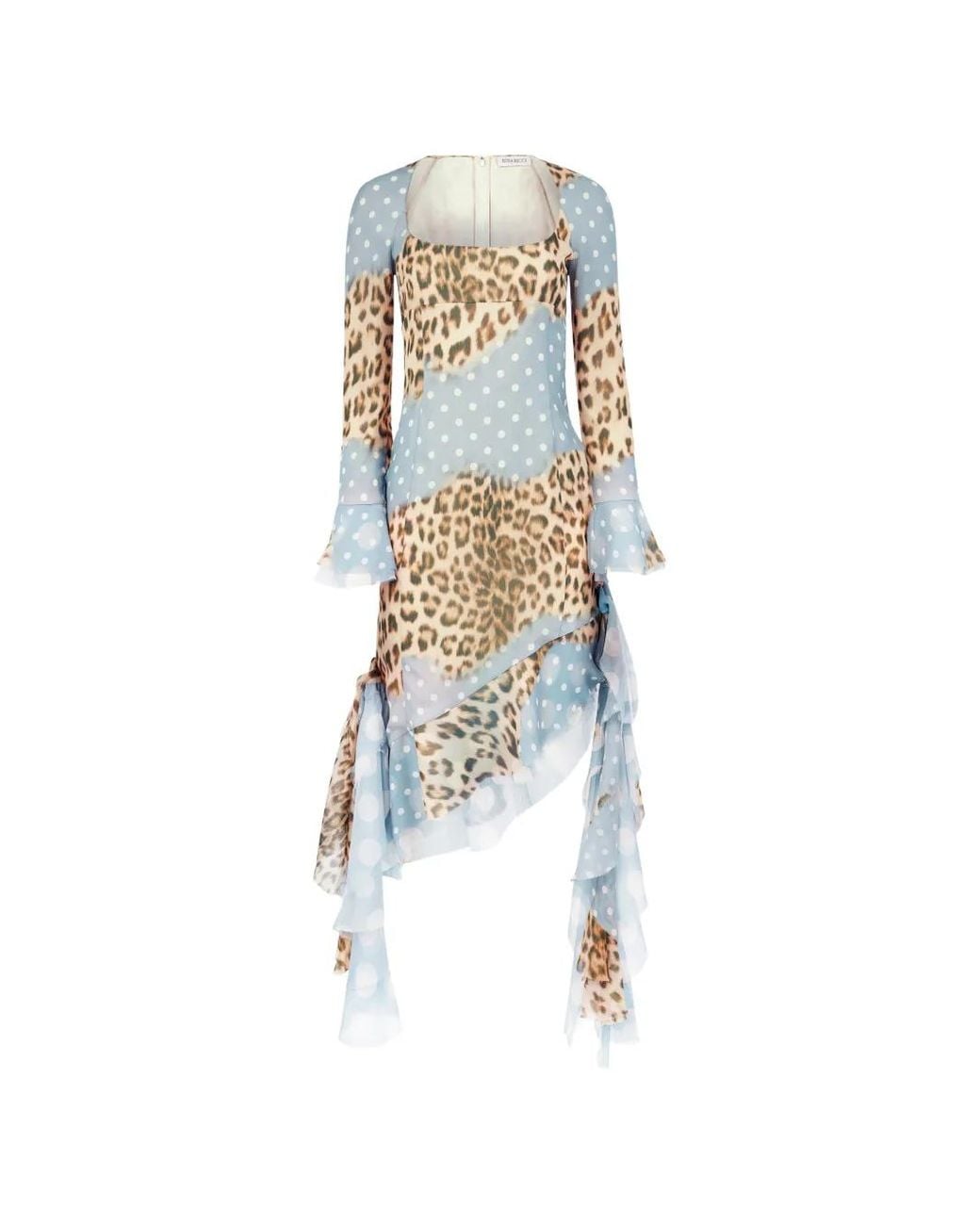 Nina Ricci Blue Leopard-Print Polka-Dot Midi Dress