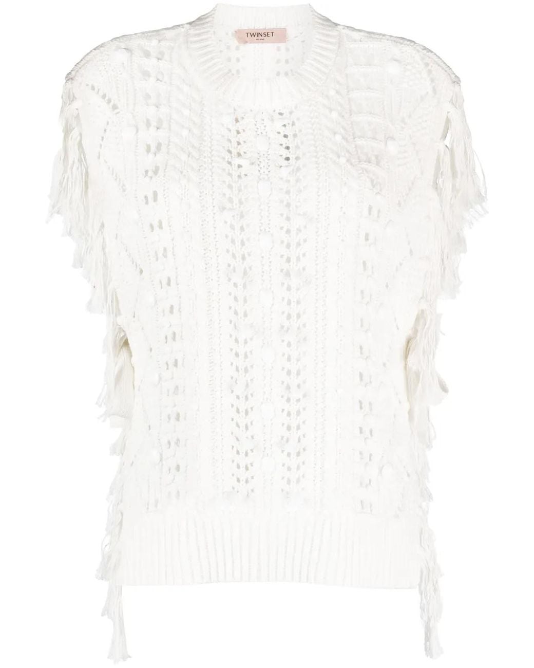 Twinset White Fringed Open-Knit Top