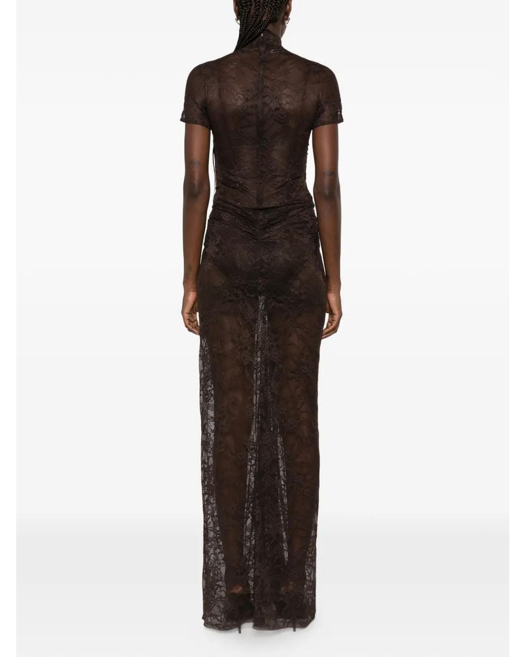 ANDAMANE Brown Palma Lace Ruched Gown Maxi Dress