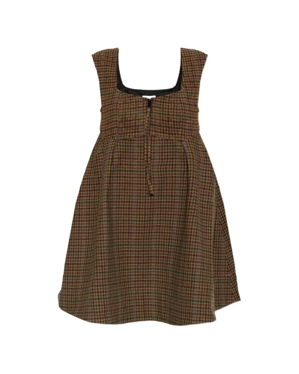 Ganni Brown Plaid-Pattern Sleeveless Mini Dress