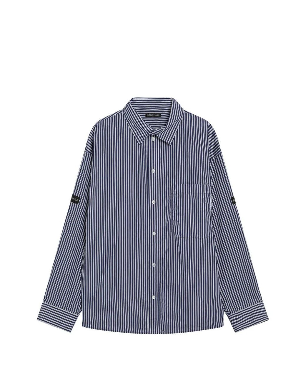 Balenciaga Blue Vertical-Stripe Logo-Patch Shirt for men