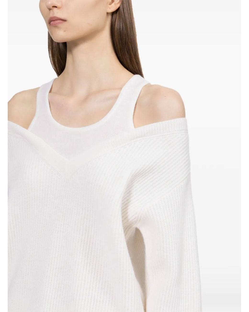 Helmut Lang White Pull Côtelé À Épaules Dénudées