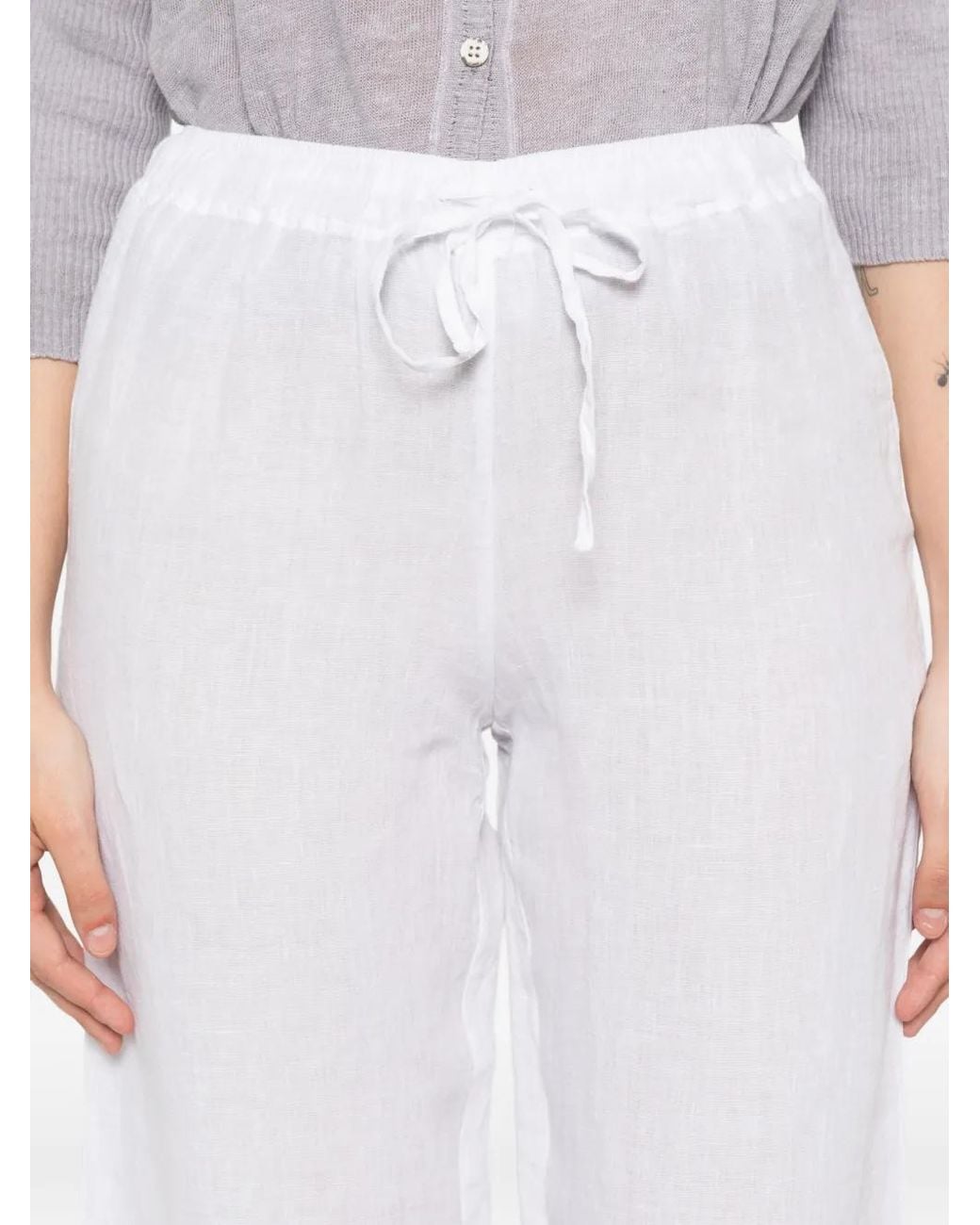 120% Lino White Drawstring Wide-Leg Trousers