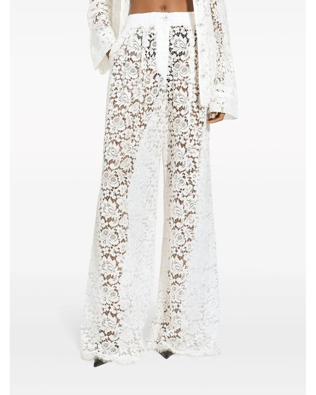 Dolce & Gabbana White Floral-Lace Long-Length Palazzo Pants