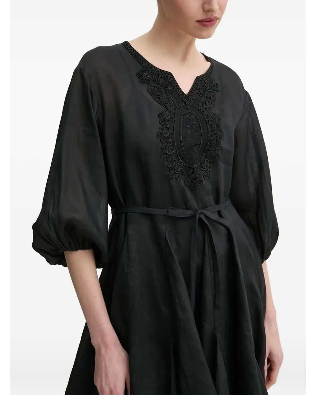 Isabelle Blanche Black Embroidered-Details Balloon-Sleeve Mini Dress