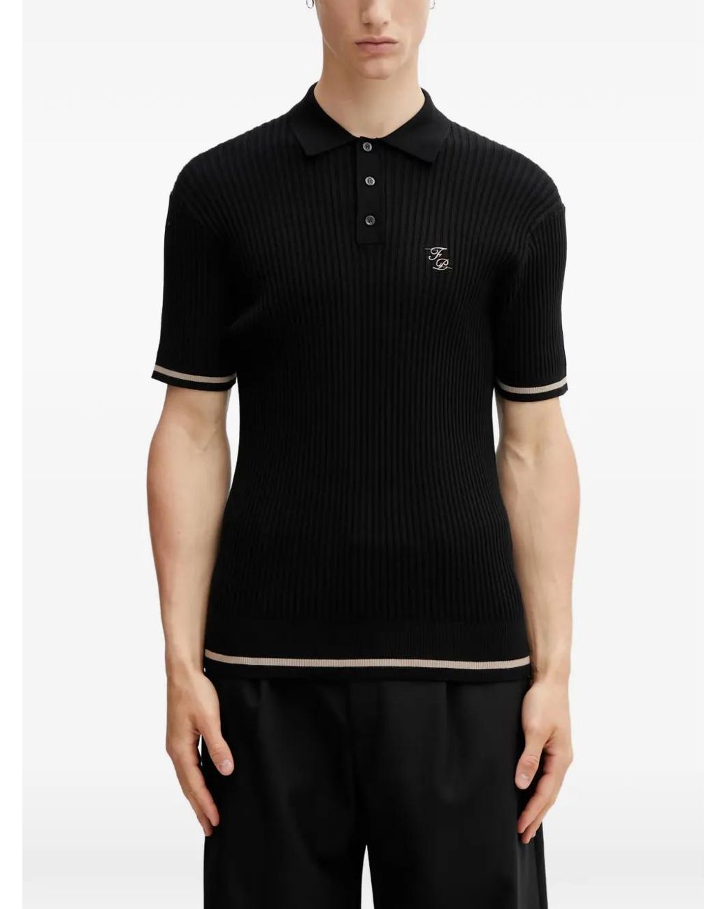Filling Pieces Black Ribbed-Knit Logo-Embroidered Polo Shirt for men