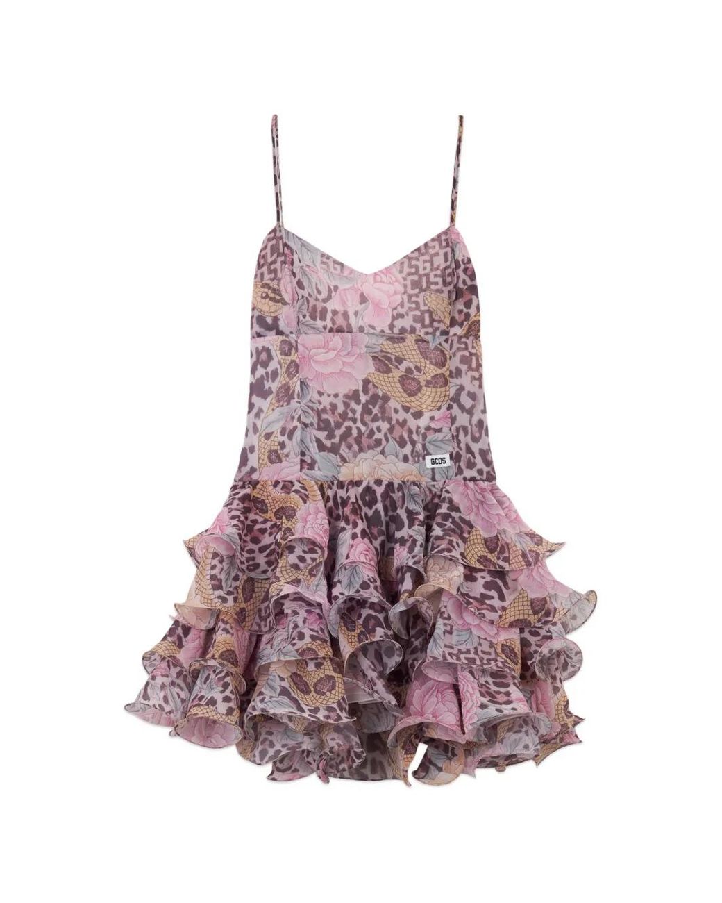 Gcds Purple Animal-Print Ruffled Mini Dress