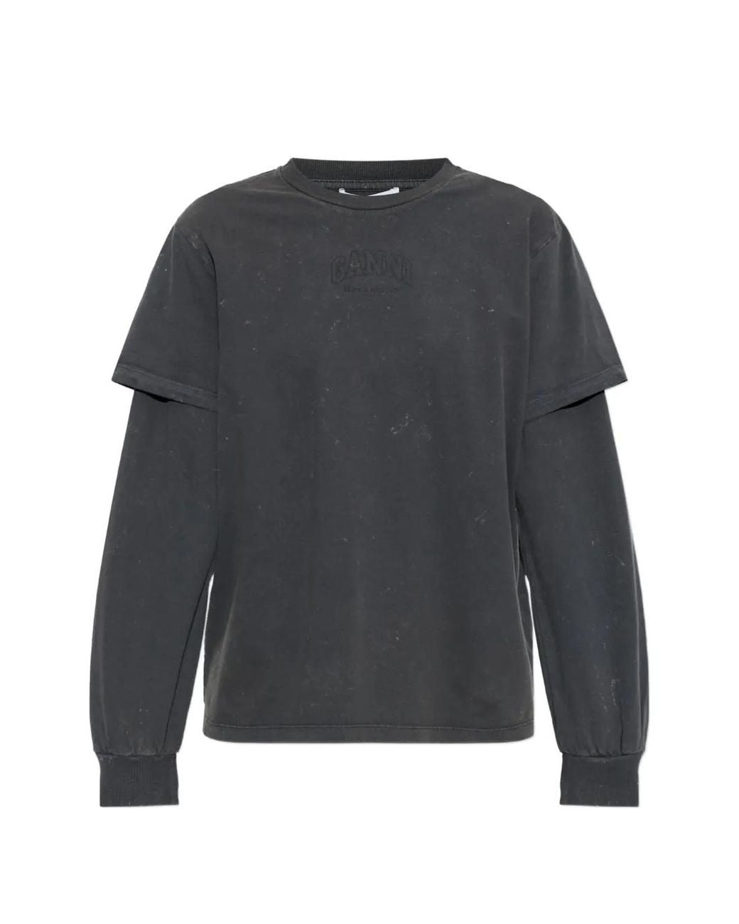 Ganni Gray Logo-Print Layered-Sleeve T-Shirt