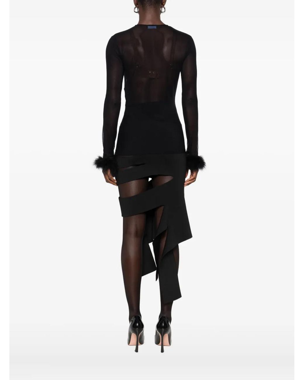 Mugler Black Feather-cuff Mesh Top