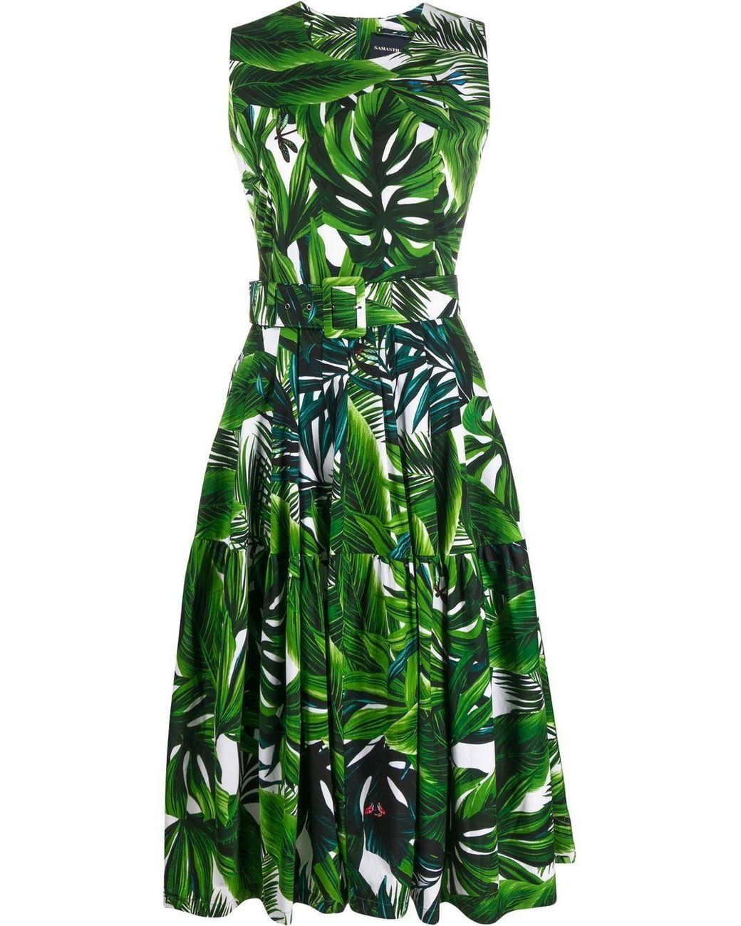 Samantha Sung Cotton Rose Tropical-print Dress in Green | Lyst