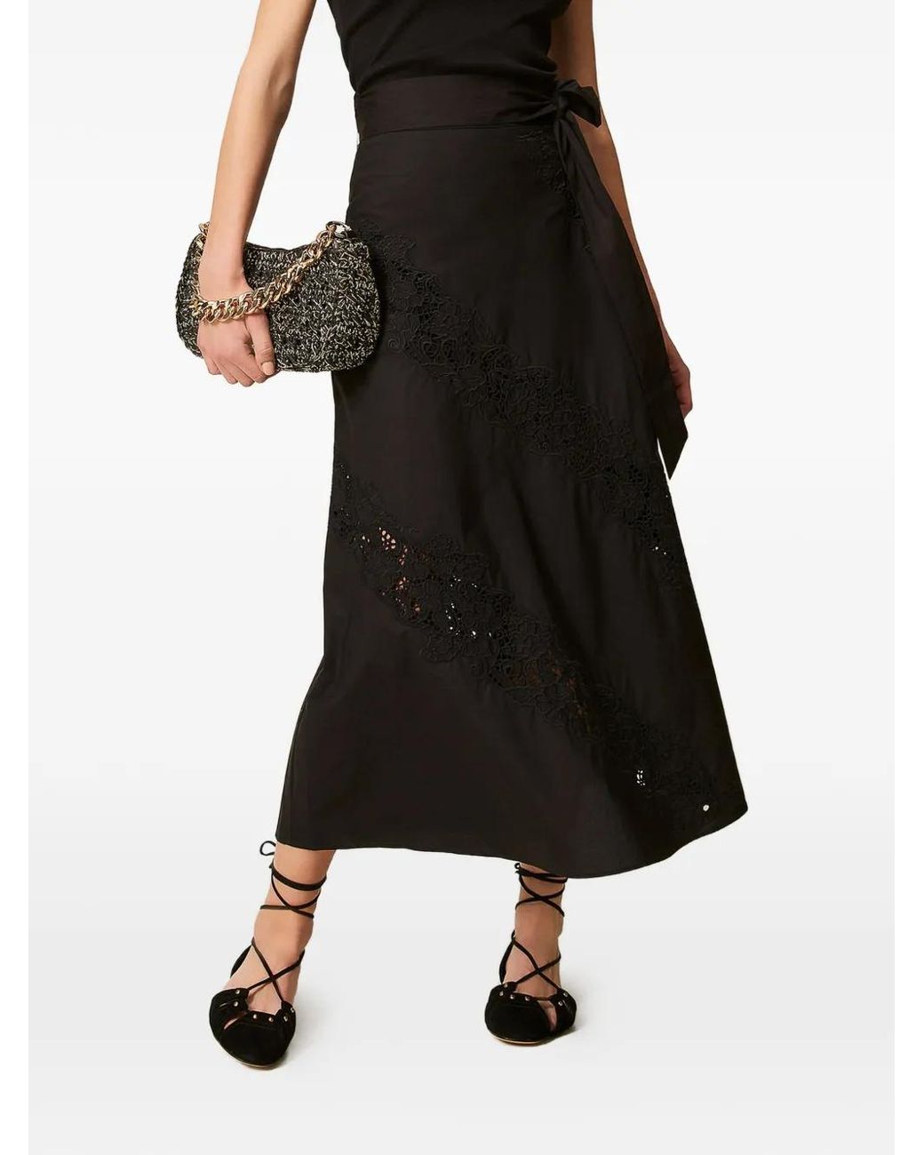 Twinset Black Midi Lace Belted Skirt