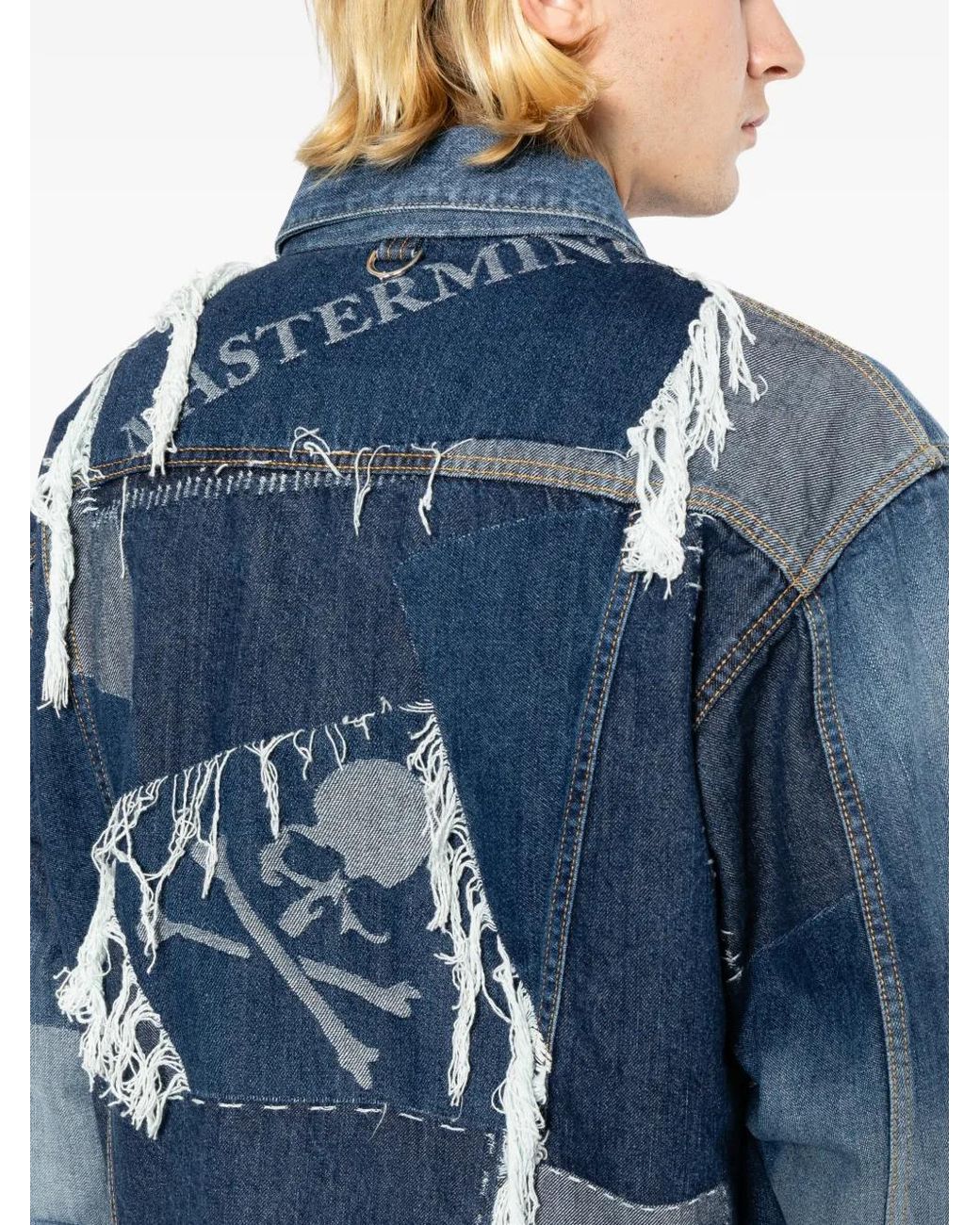 MASTERMIND WORLD Blue Patchwork Jacquarded Denim Jacket for men