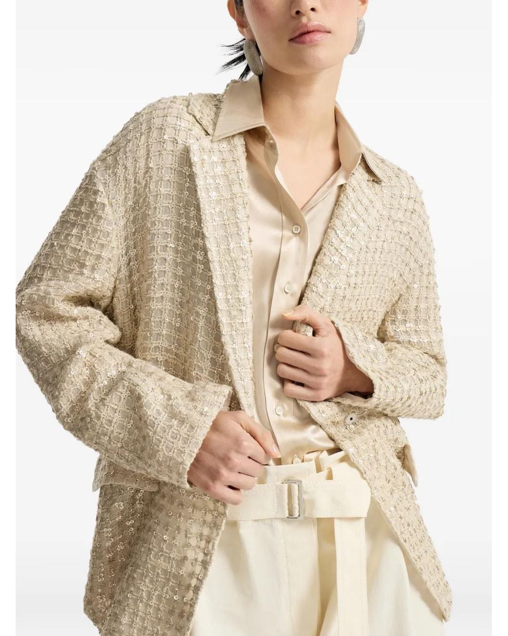 Brunello Cucinelli White Net-Embroidery Silk Blazer