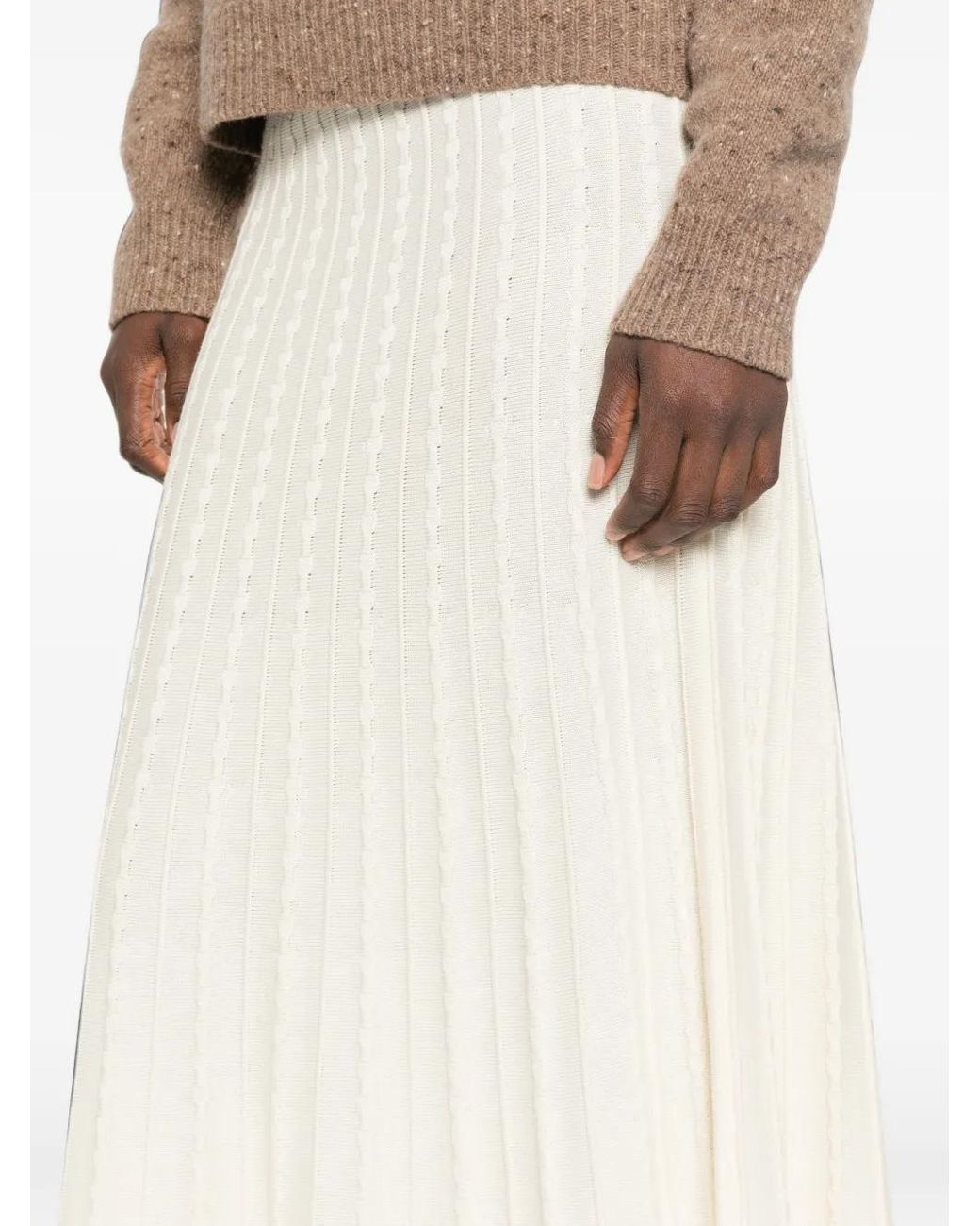 MAISON 123 White Ondine Cable-Knit Pleated Midi Skirt