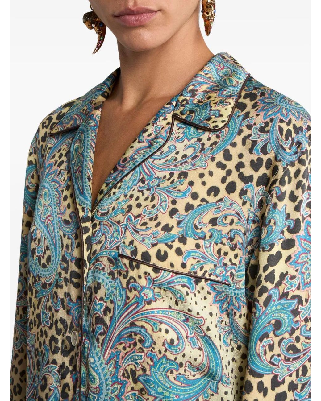 Etro Blue Twill Shirt With Placed Paisley And Animal Print