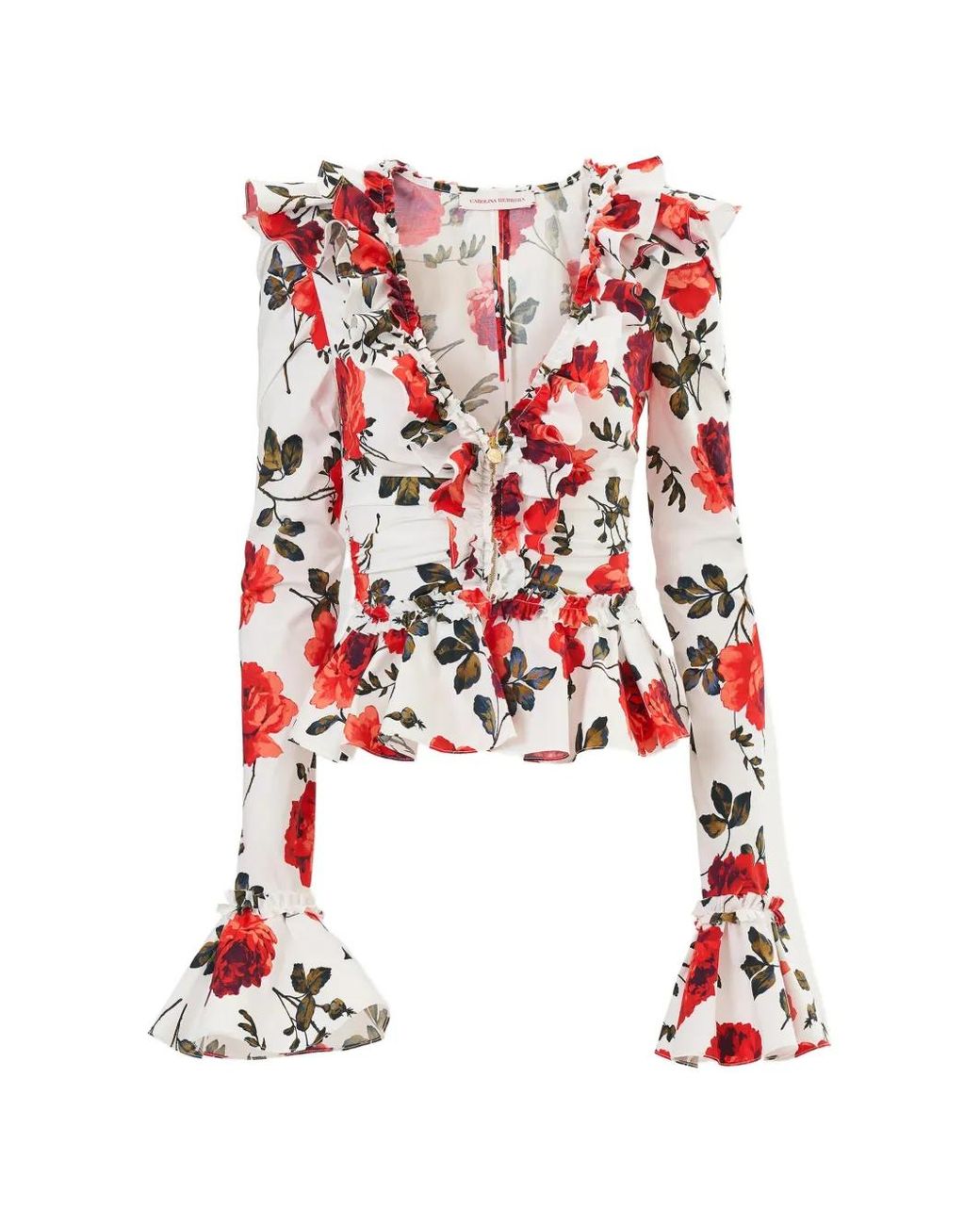 Carolina Herrera Red Rose-Print Ruched Ruffle Top