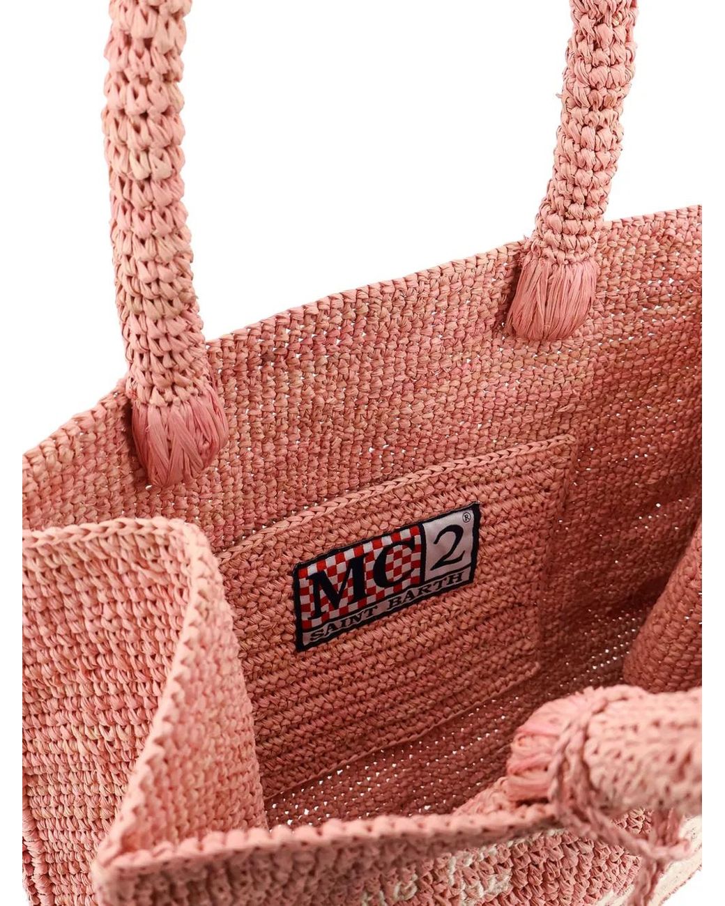 Mc2 Saint Barth Pink Colette Raffia Striped Handbag With Logo Embroidery