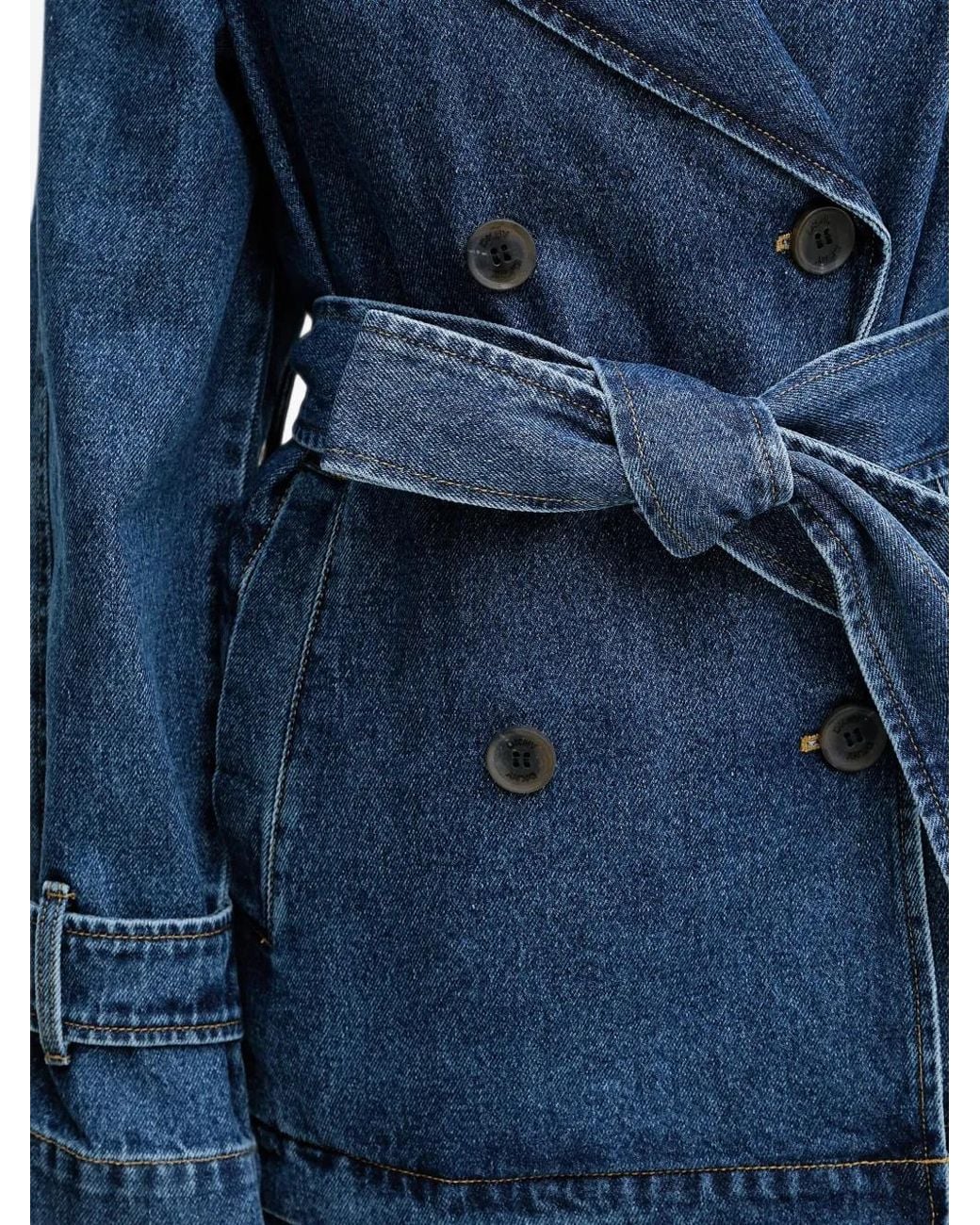 DKNY Blue Double-Breasted Belted Denim Coat