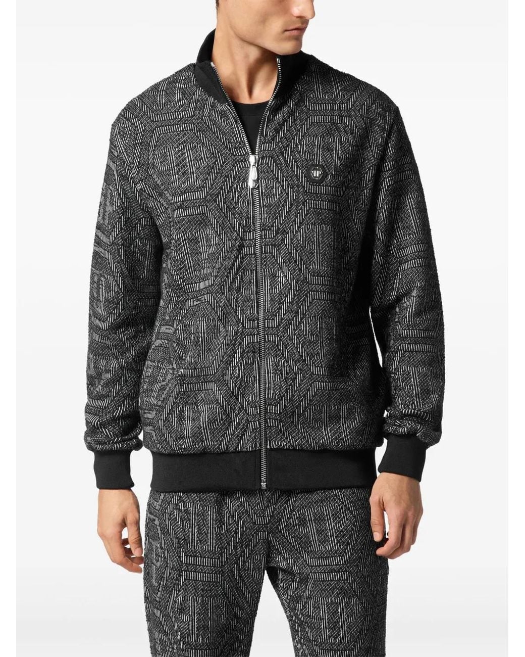 Philipp Plein Black Monogram-Jacquard Bomber Jacket for men