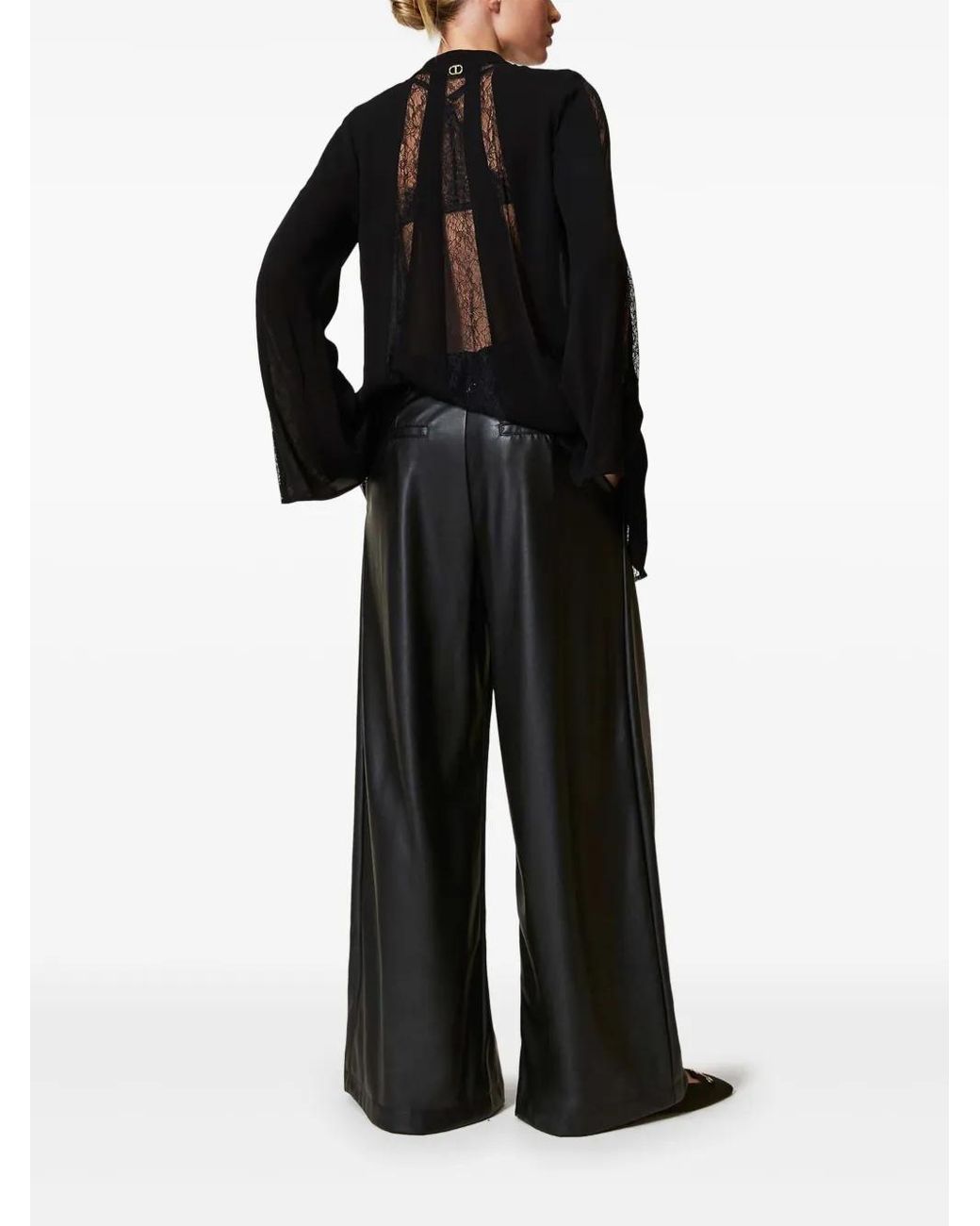 Twinset Black Wide-Leg Faux-Leather Trousers