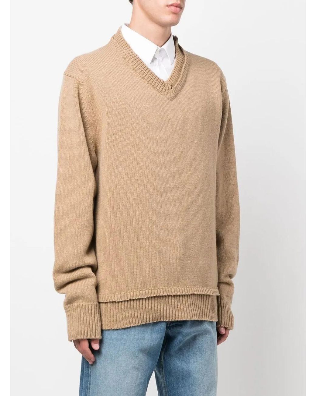 Maison Margiela Natural V-Neck Elbow-Patch Jumper for men