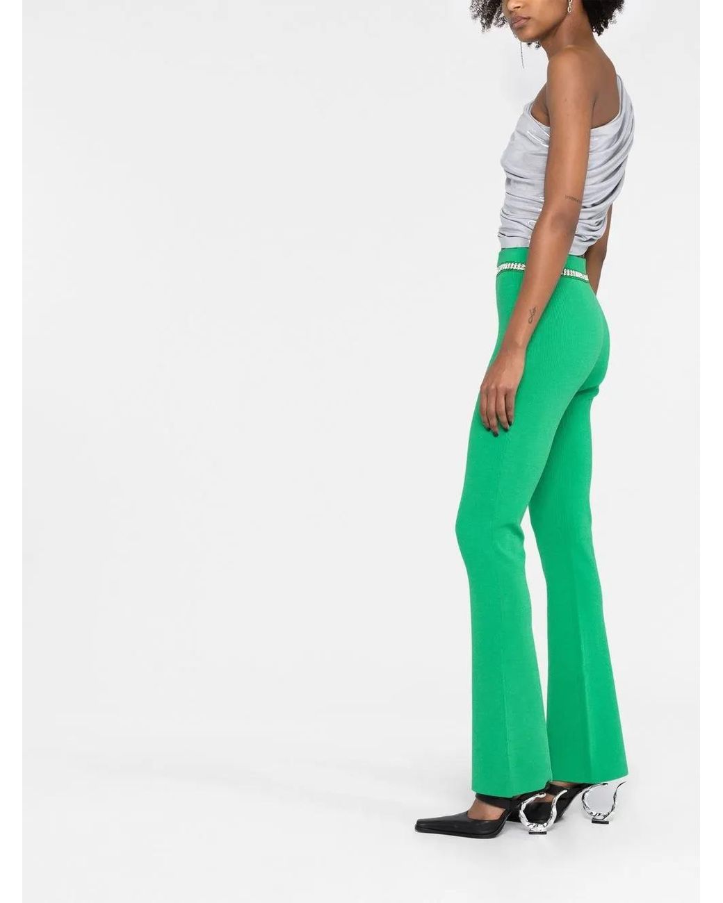Rabanne Green Flared Ribbed Trousers With Rhinestones