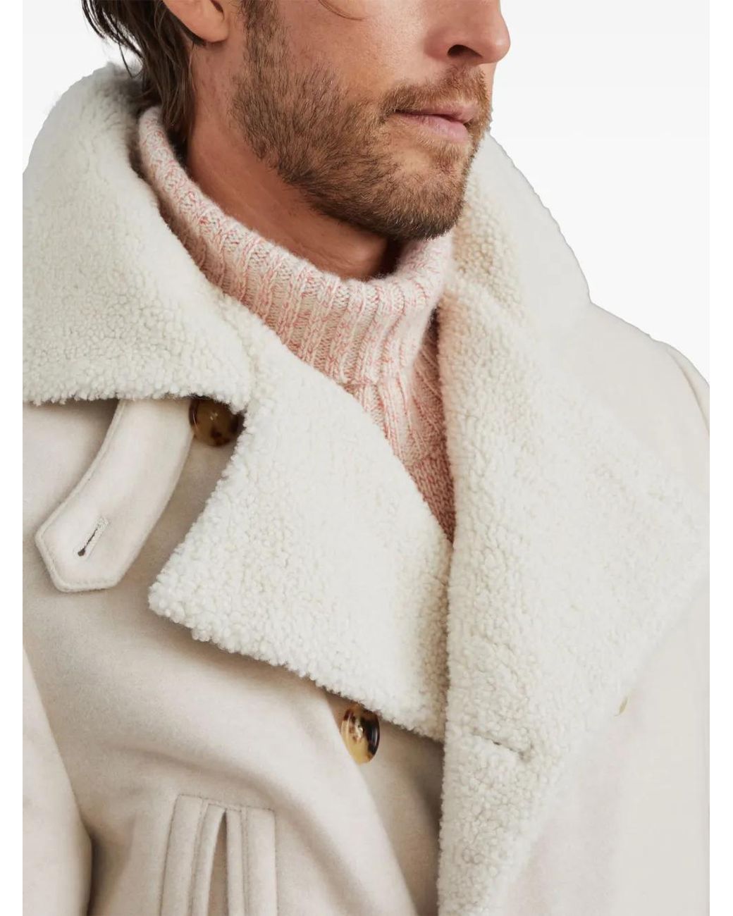 Brunello Cucinelli White Double-Breasted Wool Coat for men