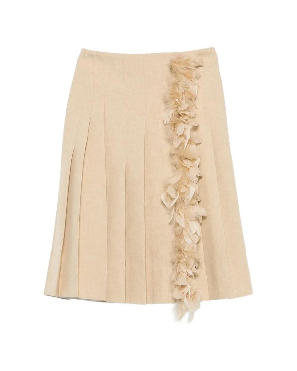 Plan C Natural Feather-Trim Pleated Midi Skirt