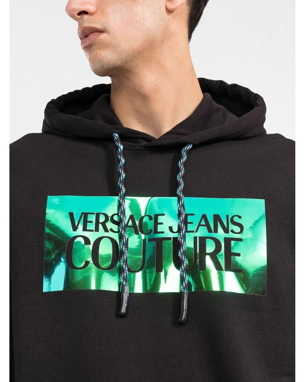Versace Jeans Couture Black Logo-Print Drawstring Hoodie for men
