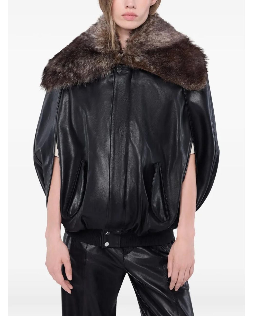 Rabanne Black Veste En Cuir D'Agneau À Col En Shearling Détachable