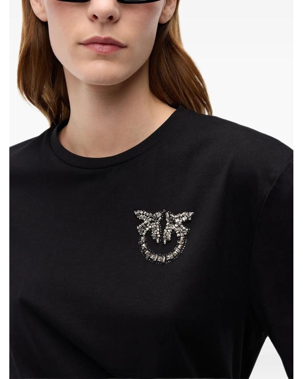 Pinko Black T-Shirt With Love Birds Jewel Detail