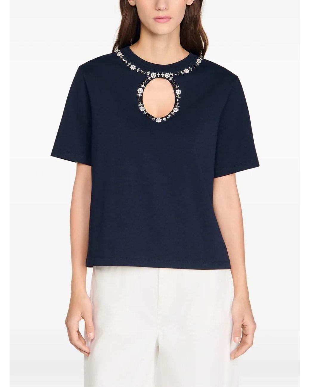 Sandro Blue Rhinestone Openwork T-Shirt