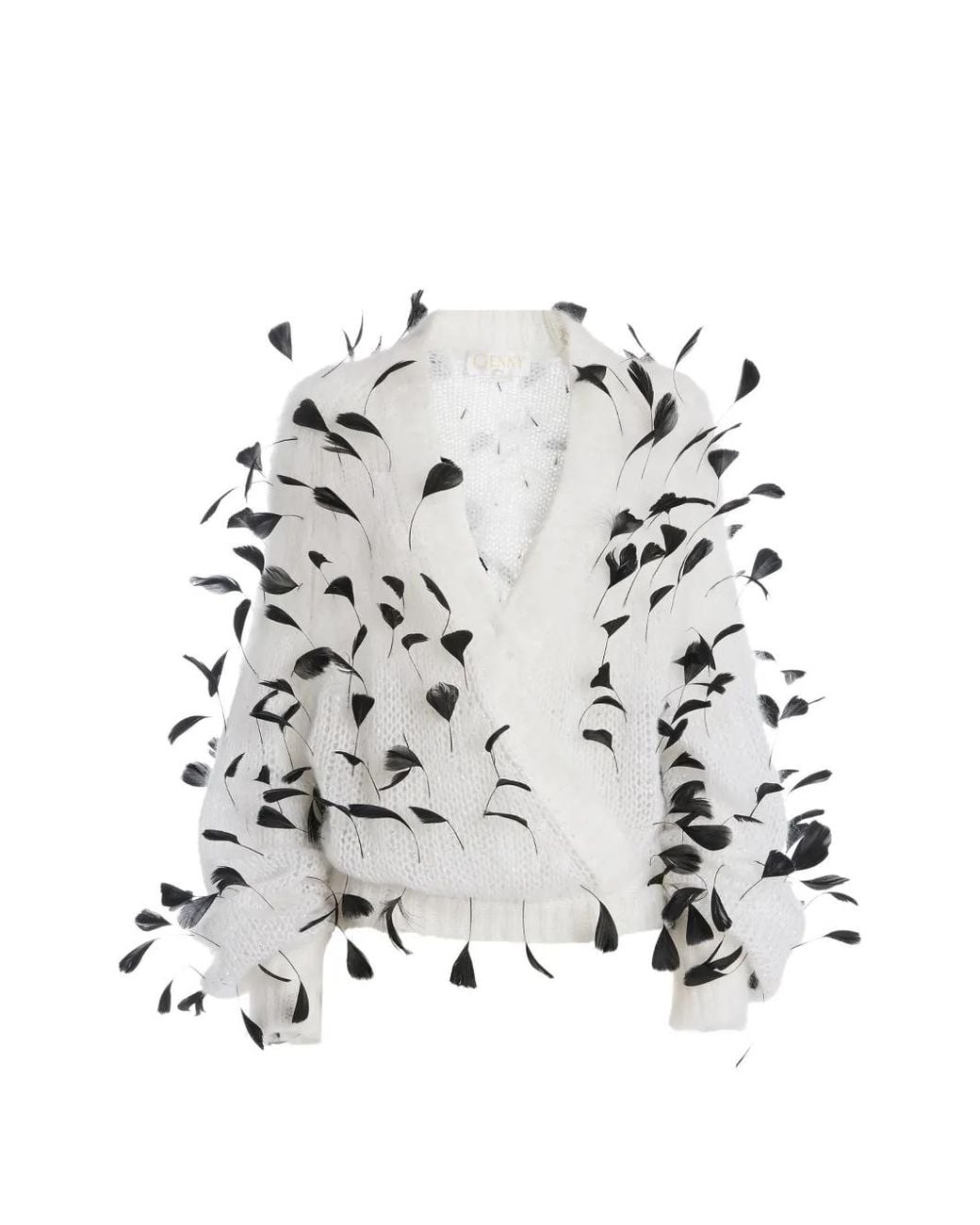 Genny White Feather-Embellished Wrap Sweater