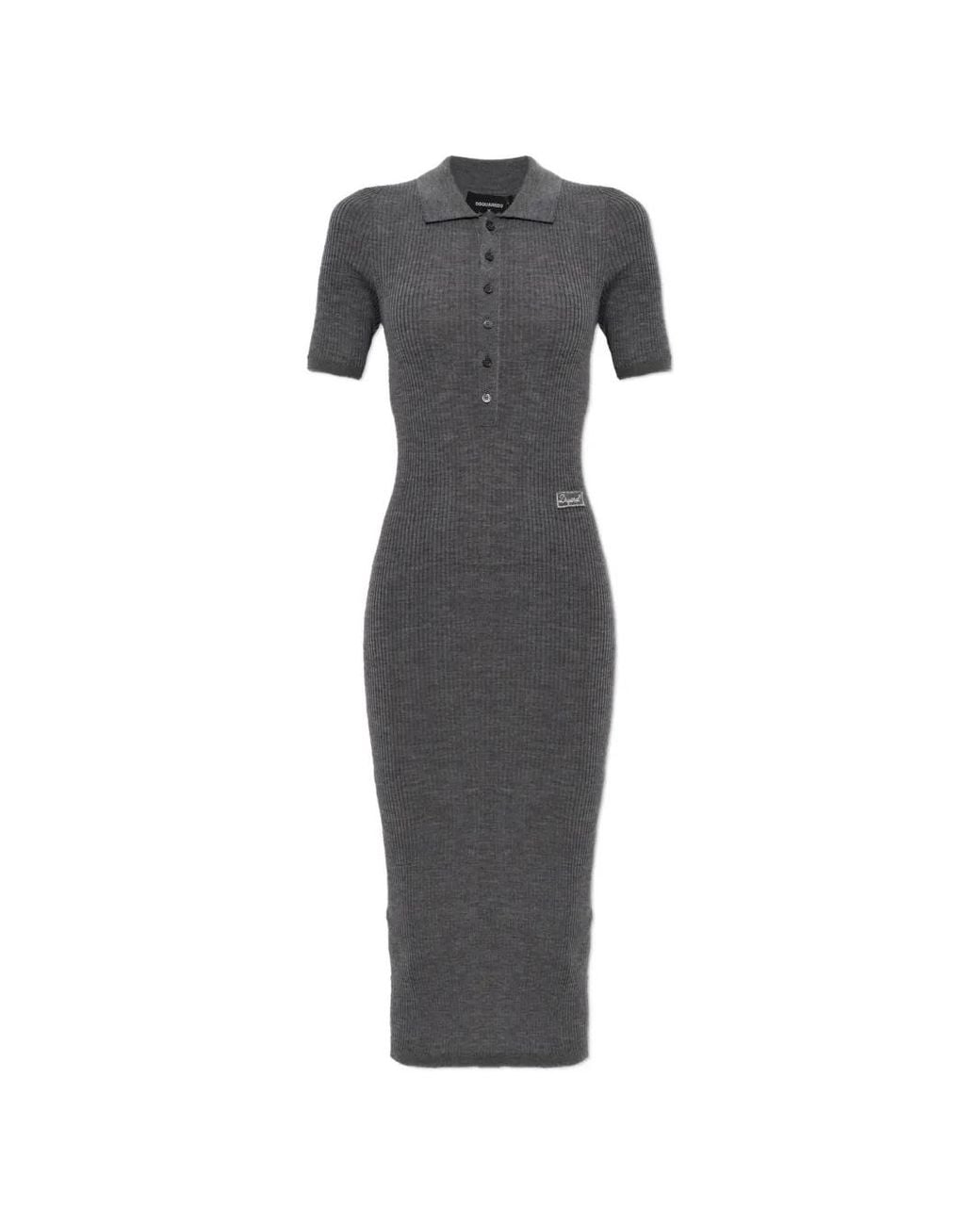 DSquared² Gray Ribbed-Knit Polo Dress