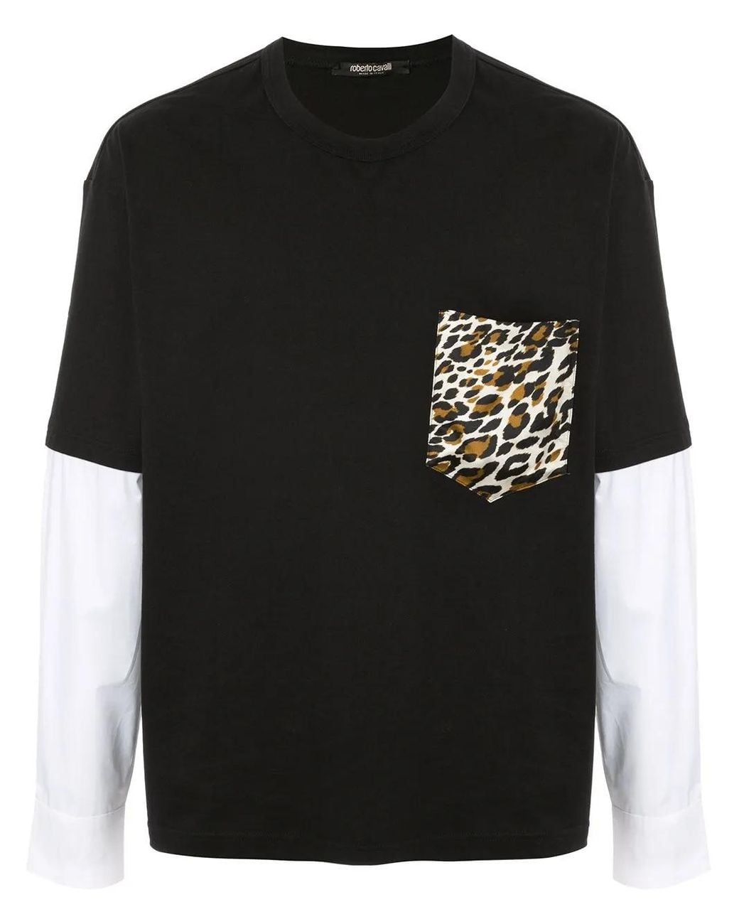 Roberto Cavalli Black Leopard Print Panel T-Shirt for men