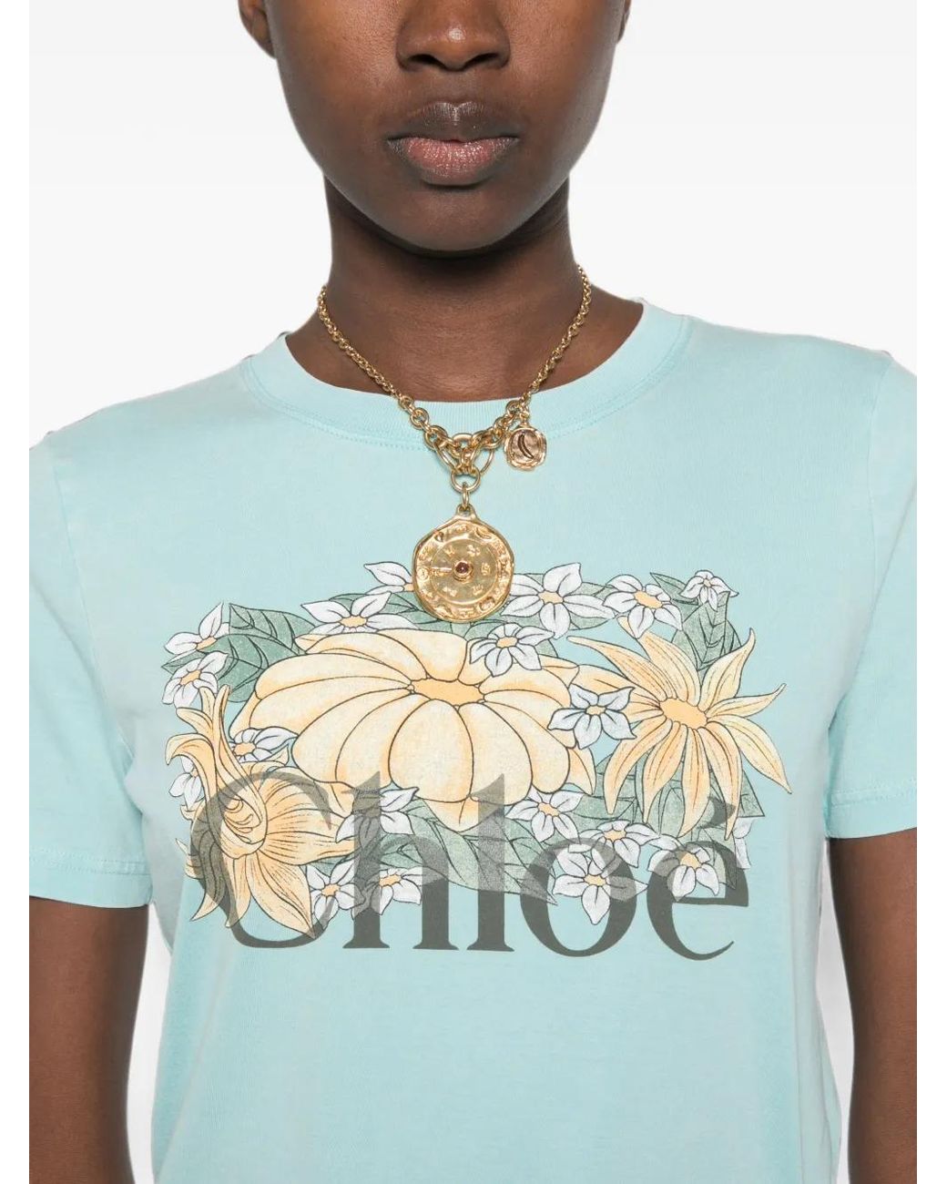 Chloé Blue T-Shirt En Jersey De Coton À Logo Et Coupe Ajustée