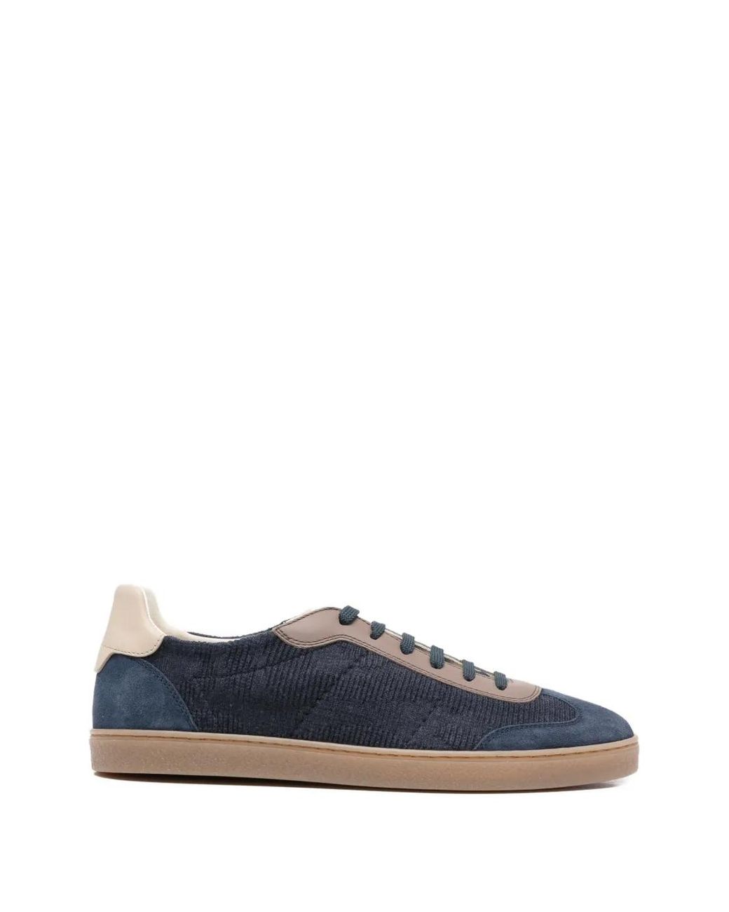 Brunello Cucinelli Blue Cotton Knit, Suede And Matte Calfskin Sneakers for men