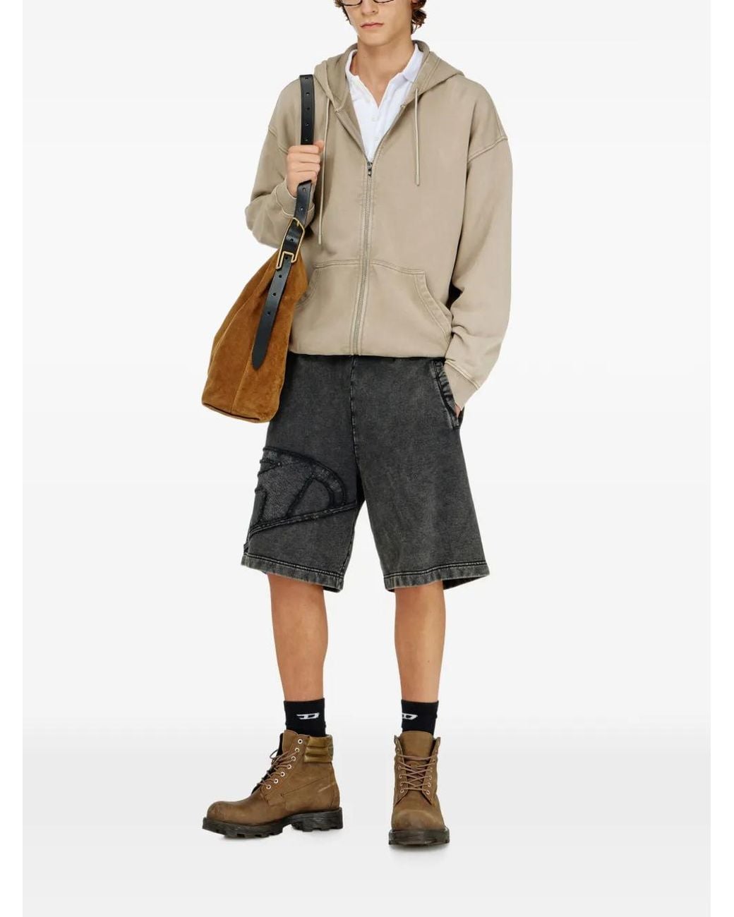 DIESEL Gray Logo-Patch Jersey Shorts for men