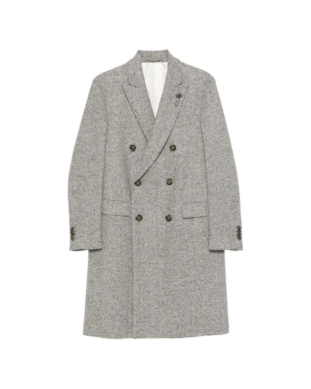 Lardini Gray Manteau En Tweed À Chevrons Et Boutonnière Croisée for men
