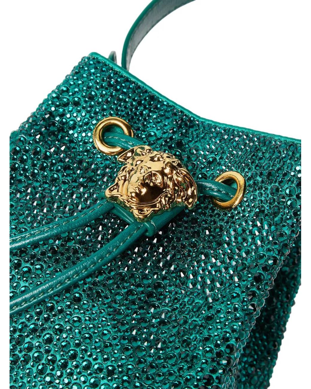 Versace Blue La Medusa Embellished Satin Mini Bucket Bag