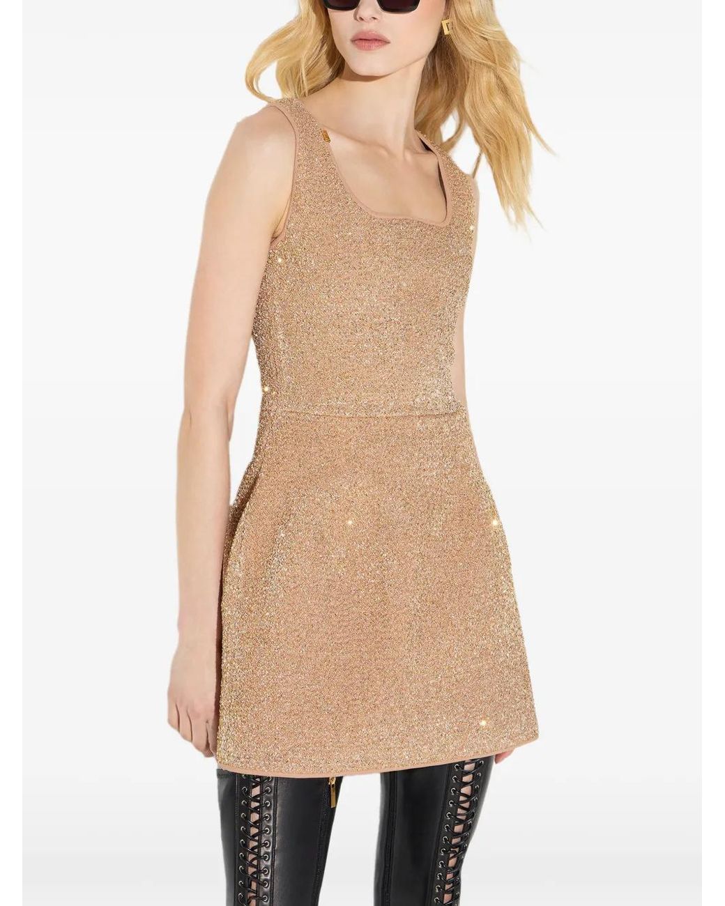 Elisabetta Franchi Natural Knit Mini Dress With Sequins