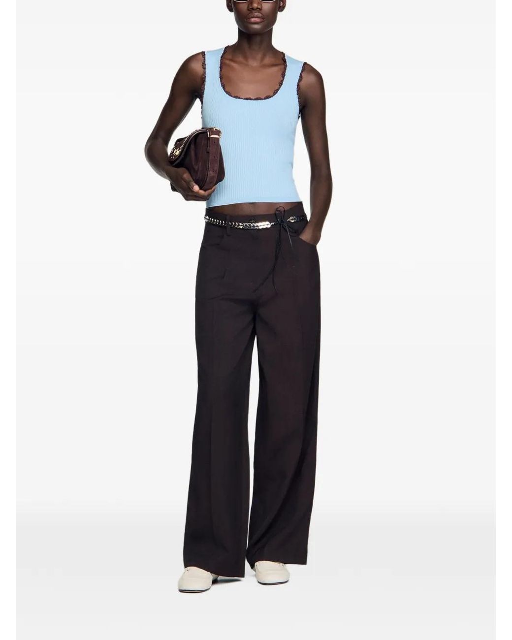 Sandro Blue Crochet Detail Knit Top