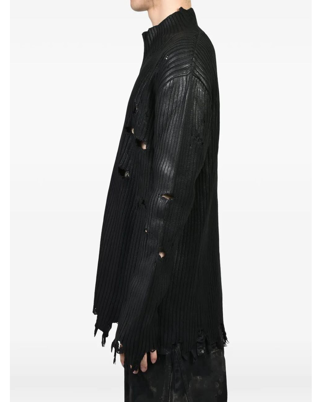 FILTH Black Waxed Distressed-Knit Cardigan for men
