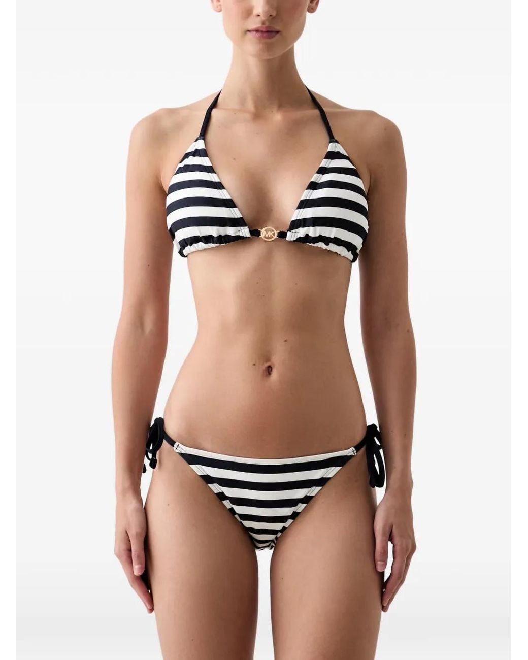 MICHAEL Michael Kors Black Striped Logo-Plaque Bikini
