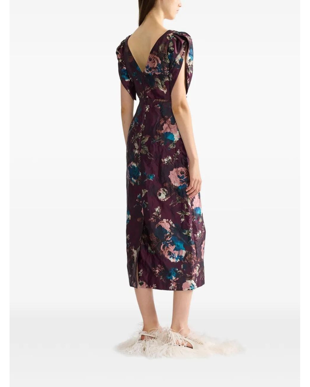 Erdem Purple Midi Floral Textured Satin Dress