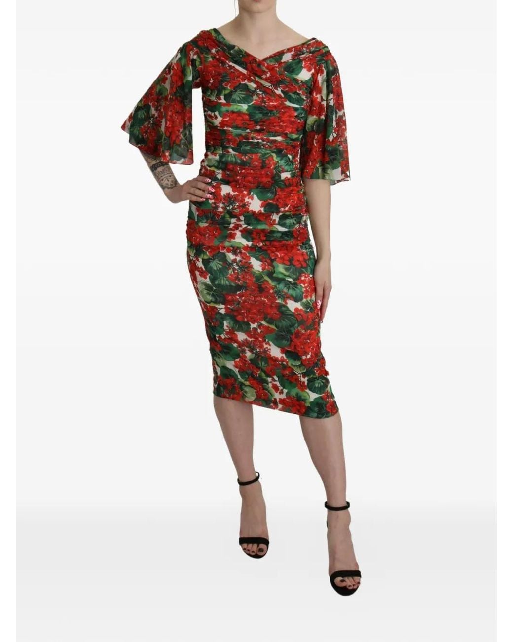 Dolce & Gabbana Red Floral-Print Ruched Dress