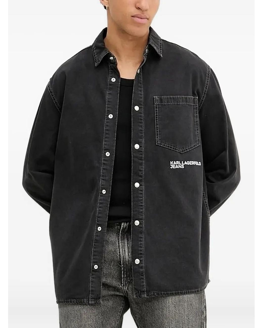Karl Lagerfeld Black Embroidered-Pocket Denim Overshirt for men